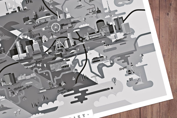 Ruhrgebiet Karte Kunstdruck Schwarz/Weiß und Farb-Edition (91 x 61 cm Maxi Poster)
