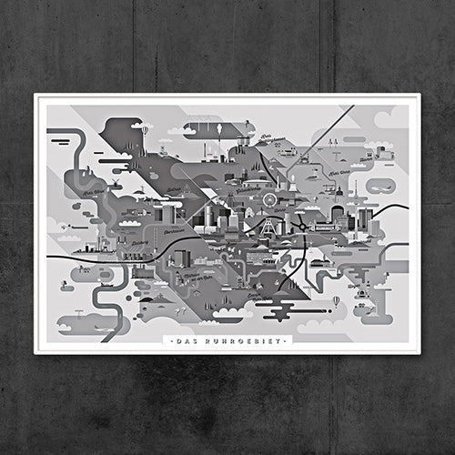Ruhrgebiet Karte Kunstdruck Schwarz/Weiß und Farb-Edition (91 x 61 cm Maxi Poster)