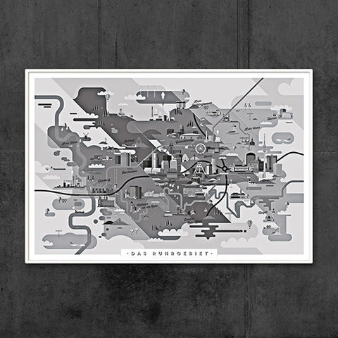 Ruhrgebiet Karte Kunstdruck Schwarz/Weiß und Farb-Edition (91 x 61 cm Maxi Poster)