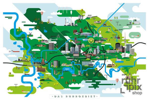 Ruhrgebiet Karte Kunstdruck Schwarz/Weiß und Farb-Edition (91 x 61 cm Maxi Poster)