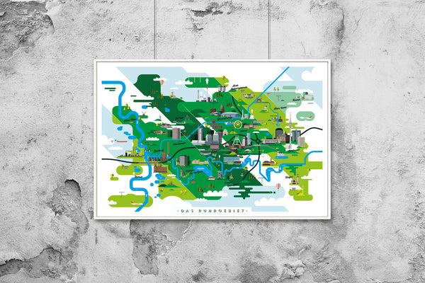Ruhrgebiet Karte Kunstdruck Schwarz/Weiß und Farb-Edition (91 x 61 cm Maxi Poster)