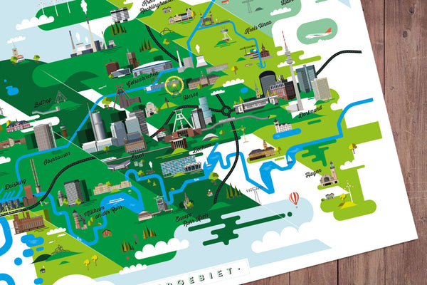 Ruhrgebiet Karte Kunstdruck Schwarz/Weiß und Farb-Edition (91 x 61 cm Maxi Poster)